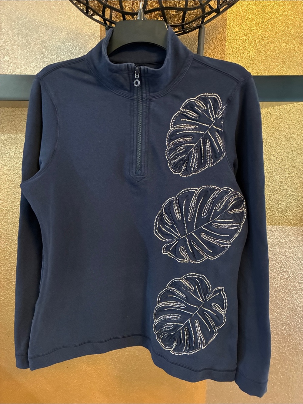 Tommy Bahama Navy Quarter-Zip Pullover with Monstera Leaf Silver Embroidery M